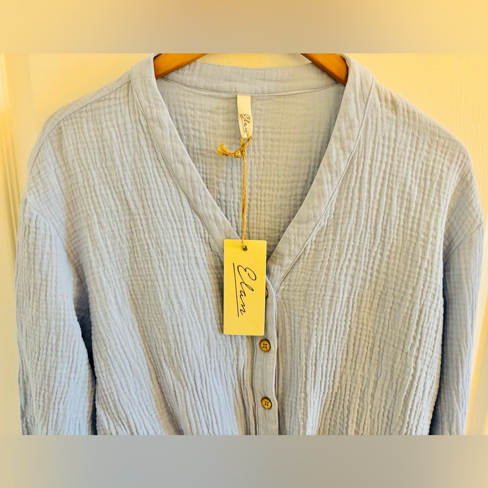 ELAN Long Sleeve Crop Drawstring Cora Button Down Top(S) - Picture 6 of 6